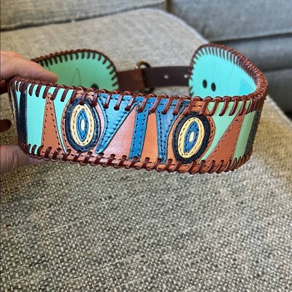Colorful Patterned Leather Belt with whipstitching statement piece size small - Picture 8 of 8
